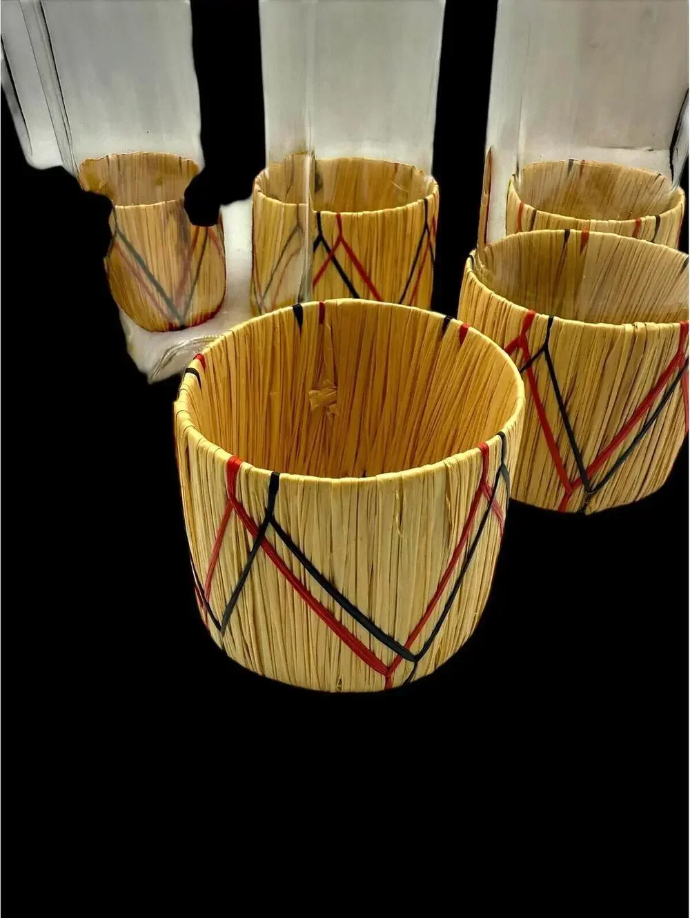 1950s Vintage Glass Tumblers with Raffia Holders, Set of Six Drinking Glasses